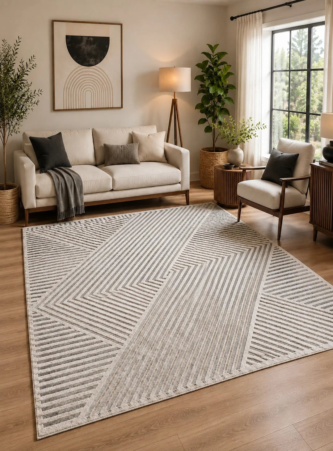 Turkish Modern Rug Opera Classic C 7 - 4.9 x 7.2 feet - Ivory & Dark Gray